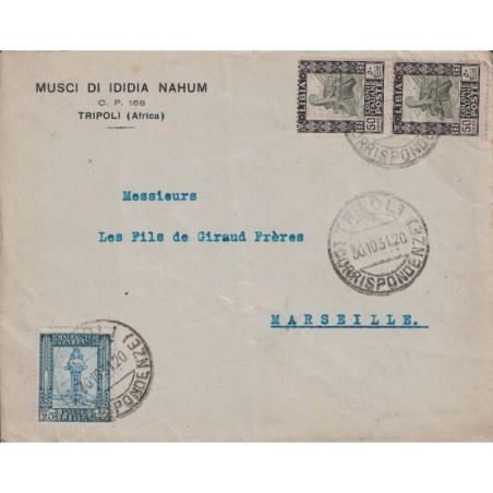 LIBYE - COLONIE ITALIENNE - ENVELOPPE DE TRIPOLI (AFRICA) POUR MARSEILLE LE 30-10-1931 - AFFRANCHISSEMENT 1L25.