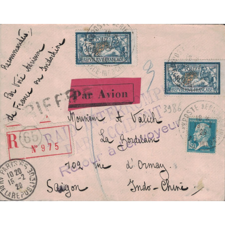 PARIS - MERSON 5Fx2 + PASTEUR 1F 50 - LETTRE RECOMMANDEE DE PARIS POUR SAIGON - ACCIDENT DU DRAGON DE L'ANNAM.