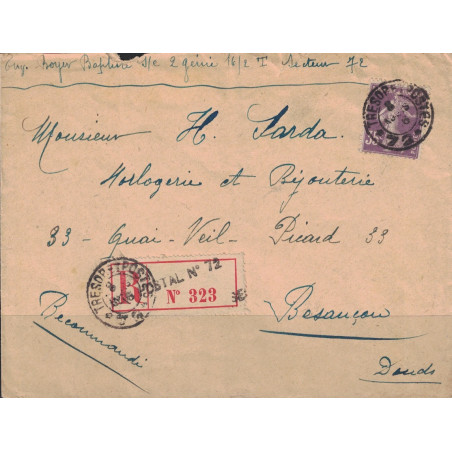 SEMEUSE - 35c - LETTRE RECOMMANDEE POUR BESANCON - CACHET TRESOR ET POSTES *72* LE 8-3-1916.