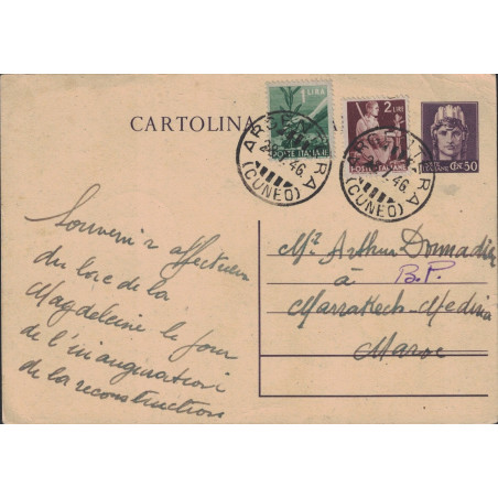 ITALIE - ARGENTERA - ENTIER POSTAL AVEC COMPLEMENT AFFRANCHISSEMENT POUR MARRAKECH - MAROC - 28-7-1946.