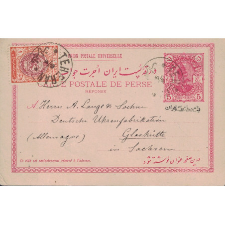 IRAN - POSTES PERSANES - ENTIER CARTE REPONSE DE TEHERAN POUR L'ALLEMAGNE - LE 9-4-1910.