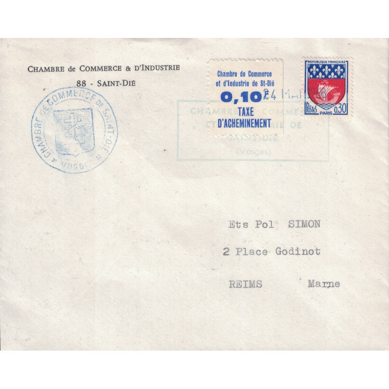 VOSGES - GREVE DE ST DIE - LE 24 MAI 1968 - BLASON - PARIS - 0.30c ET VIGNETTE 0.10F DE GREVE - COTE 125€.