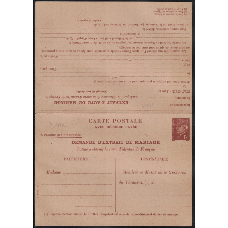 PETAIN - 1F20 - CARTE POSTALE REPONSE PAYEE - DEMANDE D'EXTRAIT DE MARIAGE - COTE 400€.