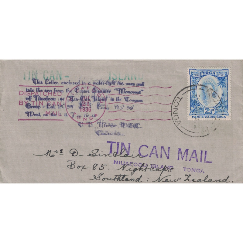 TONGA - TIN CAN MAIL - BOITE A CONSERVE POSTALE - ENVELOPPE DU 21 JUILLET 1936  POUR LA NOUVELLE ZELANDE.