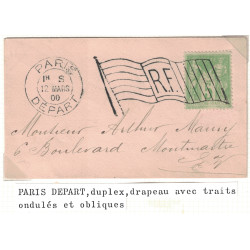 PARIS - DEPART - DRAPEAU - LEVEE 1H SOIR LE 12 MARS 1900 - 5c SAGE SUR PETITE ENVELOPPE ADRESSEE A ARTHUR MAURY.