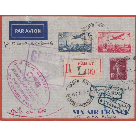 PARIS - AFFRANCHISSEMENTS - REGIE AIR-AFRIQUE - OUVERTURE DE LA LIGNE AERIENNE ALGER-GAO-BAMAKO - 22/01/1930.