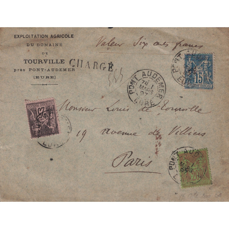 copy of PAS DE CALAIS - BETHUNE - LETTRE CHARGEE 300F AFFRANCHISSEMENT SAGE.