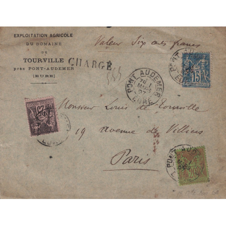 copy of PAS DE CALAIS - BETHUNE - LETTRE CHARGEE 300F AFFRANCHISSEMENT SAGE.