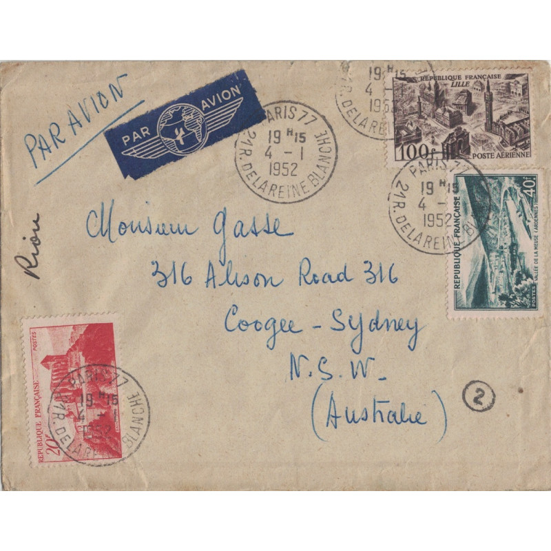 PARIS 77 - 21 R.DE LA REINE BLANCHE - AFFRANCHISSEMENT A 160F - POUR SYDNEY - AUSTRALIE - LE 4-1-1952.