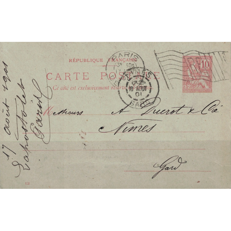 PARIS - DEPART - DRAPEAU RF - ENTIER CARTE POSTALE - 10c TYPE MOUCHON - 17 AOUT 1901.