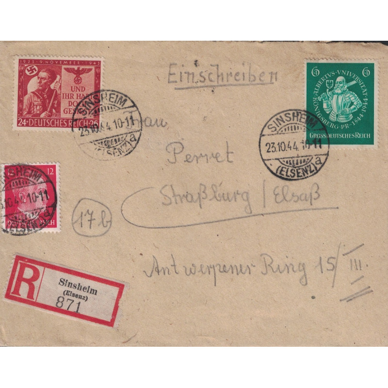 ALLEMAGNE - SINSHEIM - LETTRE RECOMMANDEE LE 23-10-1944 - BEL AFFRANCHISSEMENT.