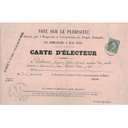 MAINE ET LOIRE - SAUMUR - N°19 SEUL SUR RARE CARTE D'ELECTEUR DU PLEBISCITE DU 8 MAI 1870.