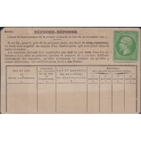 copy of DEPECHE-REPONSE - AFFRANCHISSEMENT No20 - DESTINEE AU REPONSE PAR PIGEONS POUR PARIS.