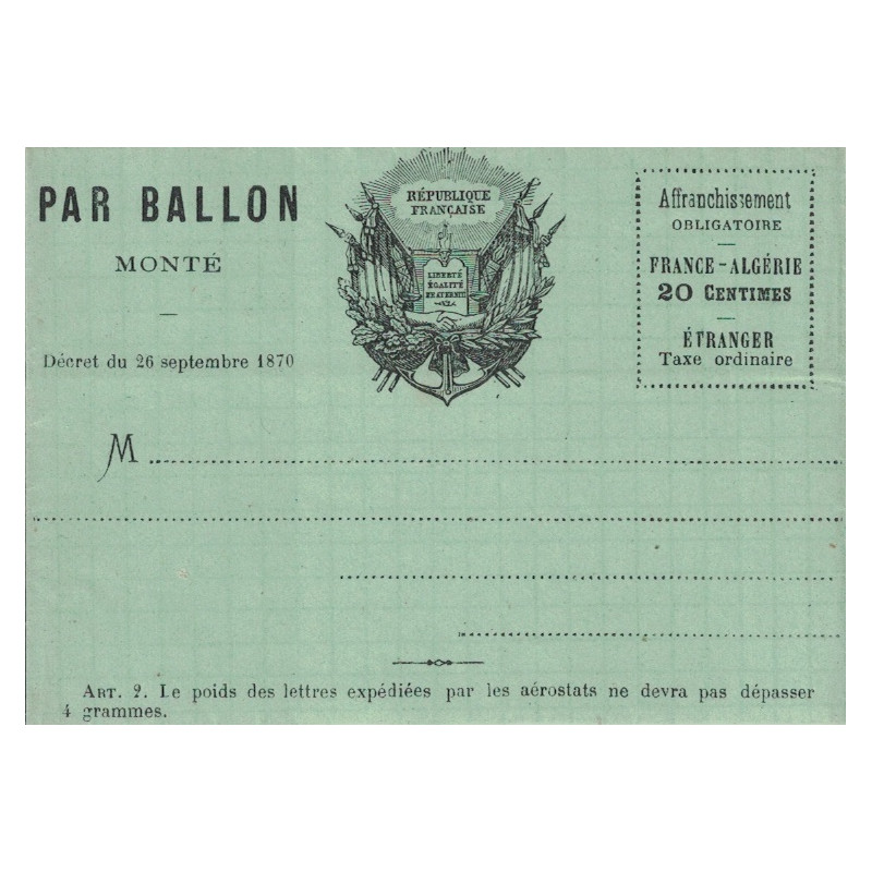 copy of BALLON MONTE - LE GENERAL UHRICH - AFFRANCHISSEMENT EMPIRE No29 ETOILE PLEINE - LE 18 NOVEMBRE 1870.