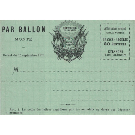 copy of BALLON MONTE - LE GENERAL UHRICH - AFFRANCHISSEMENT EMPIRE No29 ETOILE PLEINE - LE 18 NOVEMBRE 1870.