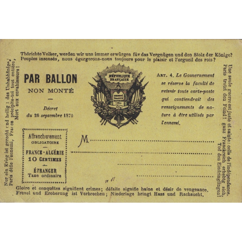 copy of BALLON MONTE - LE GENERAL UHRICH - AFFRANCHISSEMENT EMPIRE No29 ETOILE PLEINE - LE 18 NOVEMBRE 1870.