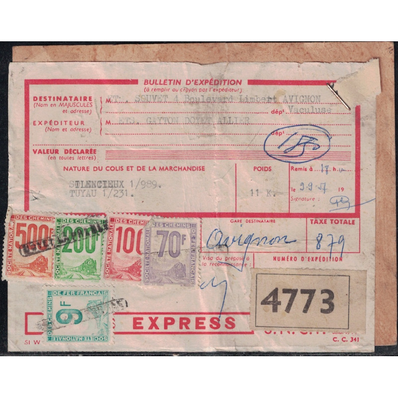 COLIS POSTAL - ETIQUETTE - DE DOYET - ALLIER - POUR LES ETABLISSEMENTS SOUVET A AVIGNON - VAUCLUSE - LE 9-9-1957