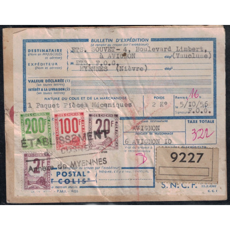 copy of COLIS POSTAL - ETIQUETTE - DE DOYET - ALLIER - POUR LES ETABLISSEMENTS SOUVET A AVIGNON - VAUCLUSE - LE 9-9-1957