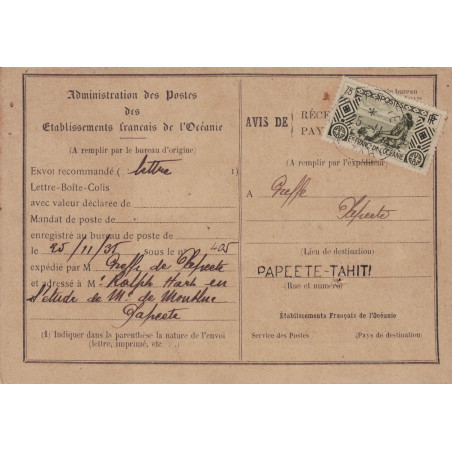 OCEANIE - PAPEETE - AVIS DE RECEPTION DE PAIEMENT - LE 25-11-1935 - VERSO DAGUIN DE TAHITI..