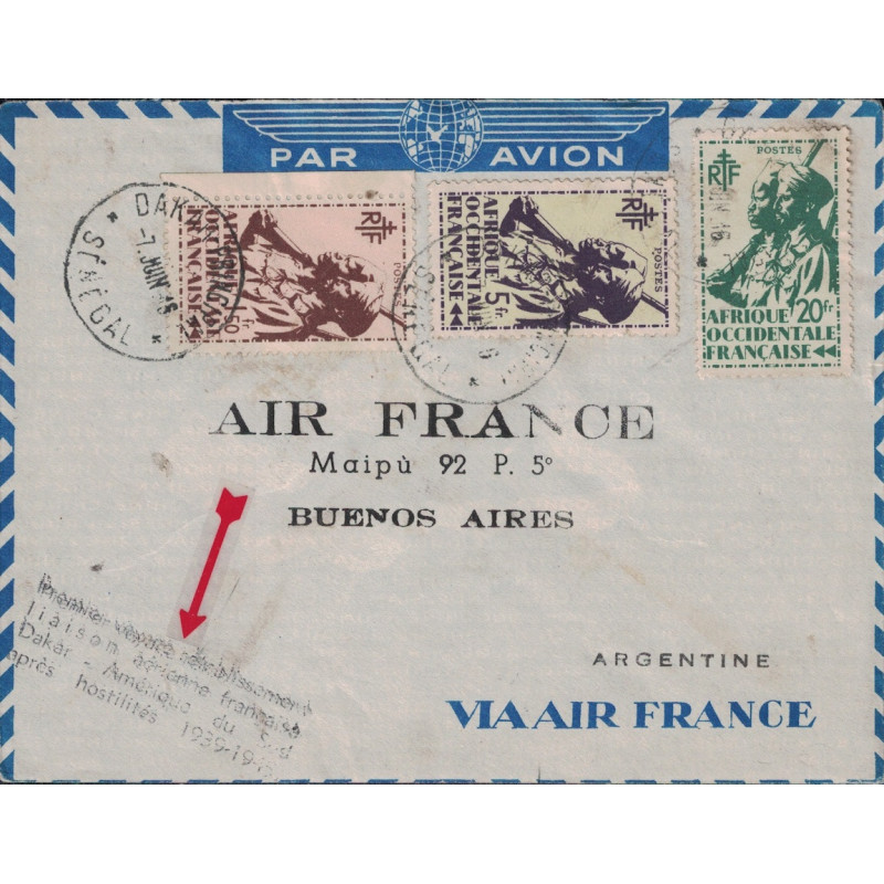 SENEGAL - DAKAR - 1er VOYAGE RETABLISSEMENT LIAISON AERIENNE FRANCAISE DAKAR-AMERIQUE DU SUD APRES HOSTILITES 1939-1945.