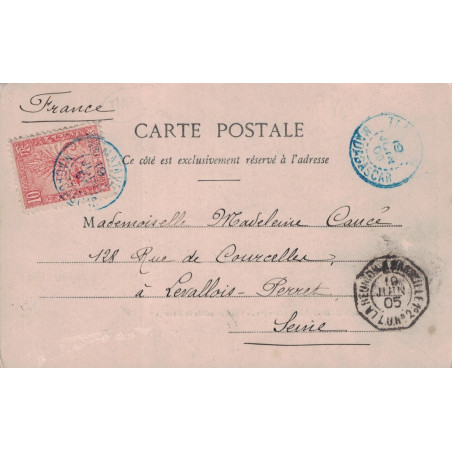 MADAGASCAR - TAMATAVE BLEU - PAQUEBOT - LA REUNION A MARSEILLE 1° L.U.N°2 - 19-6-1905 -10c ZEBU - CARTE POUR LA FRANCE.