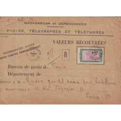 MADAGASCAR - VALEURS A RECOUVREES RECOMMANDE D'OFFICE - LE 1er MARS 1929 POUR PARIS.-
