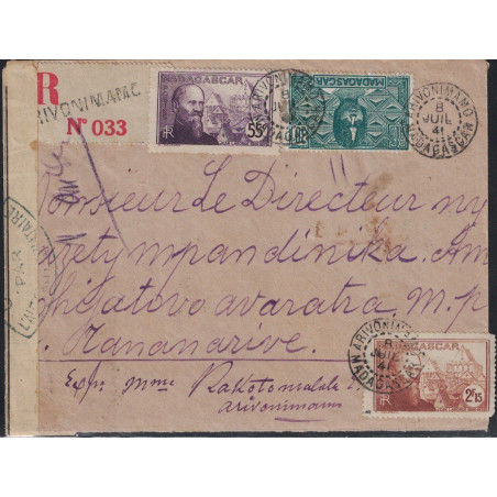 MADAGASCAR - ARIVONIMAMO - 8-7-1941 - LETTRE RECOMMANDEE AVEC BANDE DE CENSURE - VERSO CACHET DE CONTROLE.