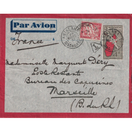 MADAGASCAR - ANTALAHA -23-3-1937 - ENTIER POSTAL 4F30 POUR MARSEILLE AVEC TAXE DE POSTE RESTANTE.