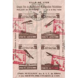 RHONE - LYON - EXPOSITION PHILATELIQUE POSTE AERIENNE - 2-5-1931 - LETTRE AEROPOSTALE AVEC BLOC VIGNETTE DE L'EXPO.