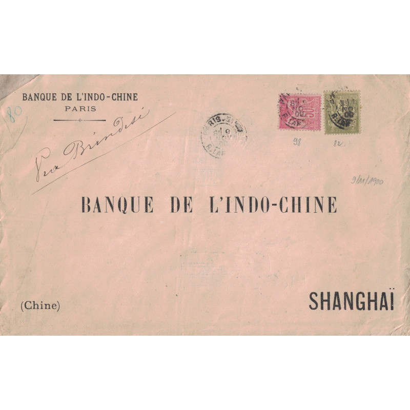 PARIS - R. ST LAZARE - POUR LA BANQUE D'INDOCHINE A SHANGHAI - VIA BRINDISI MANUSCRIT - AFFRANCHISSEMENT A 1F50 - RARE.