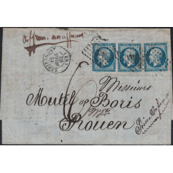 VOSGES - REMIREMONT - EMPIRE N°14 BANDE DE 3 POUR ROUEN - TAXE 6 MANUSCRITE + AFFRANCHISSEMENT INSUFFISANT - LE 13-3-1860.-