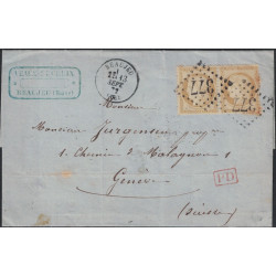 RHONE - BEAUJEU - CERES - N°55 PAIRE OBL.GC377 - LE 13-9-1872 POUR GENEVE EN SUISSE.