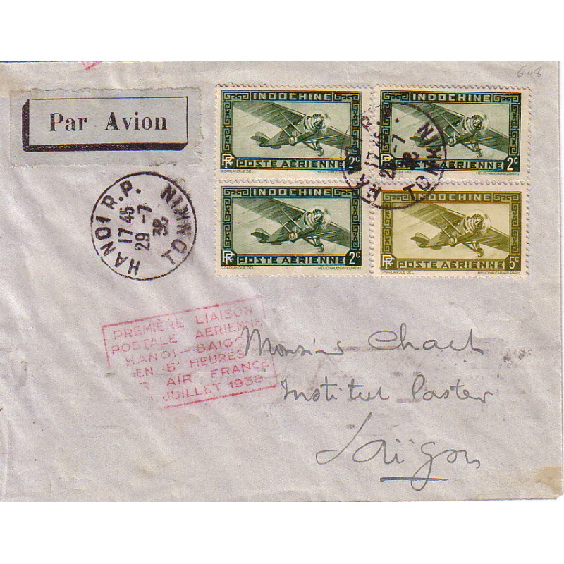 copy of INDOCHINE - PREMIERE LIAISON POSTALE AERIENNE HANOI-SAIGON EN 5 HEURES PAR AIR FRANCE LE 30 JUILLET 1938.