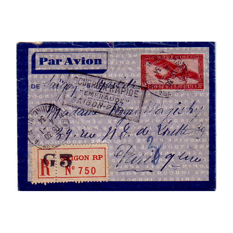 copy of COCHINCHINE - CHAUDOC - COURRIER RAPIDE EMERAUDE SAIGON-PARIS - LE 3-1-1934.