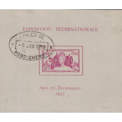 INDE - PONDICHERY - BLOC EXPOSITION INTERNATIONALE ARTS ET TECHNIQUES 1937 - RARE OBLITERE.