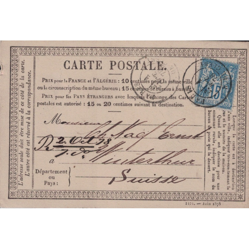 SAGE - PARIS - R.DE CLERY - CARTE POSTALE PRECURSEUR - 15c POUR LA SUISSE - PEU COURANT PRECURSEUR POUR L'ETRANGER.