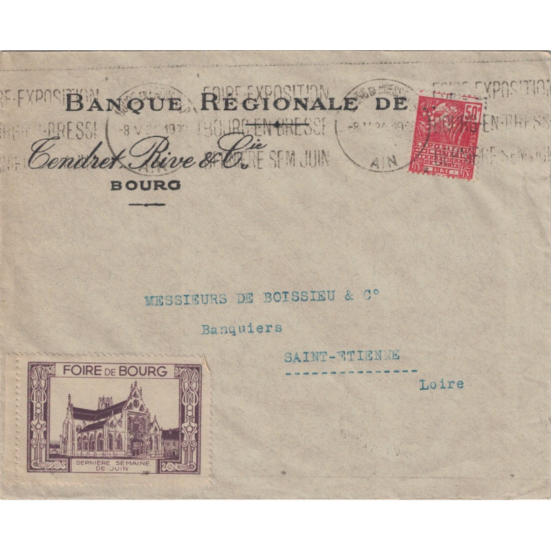 AIN - BOURG - LETTRE AVEC VIGNETTE ET ENTETE - PERFORATION DE LA BANQUE REGIONALE DE L'AIN TENDER RIVE A BOURG - LE 8-5-1931.