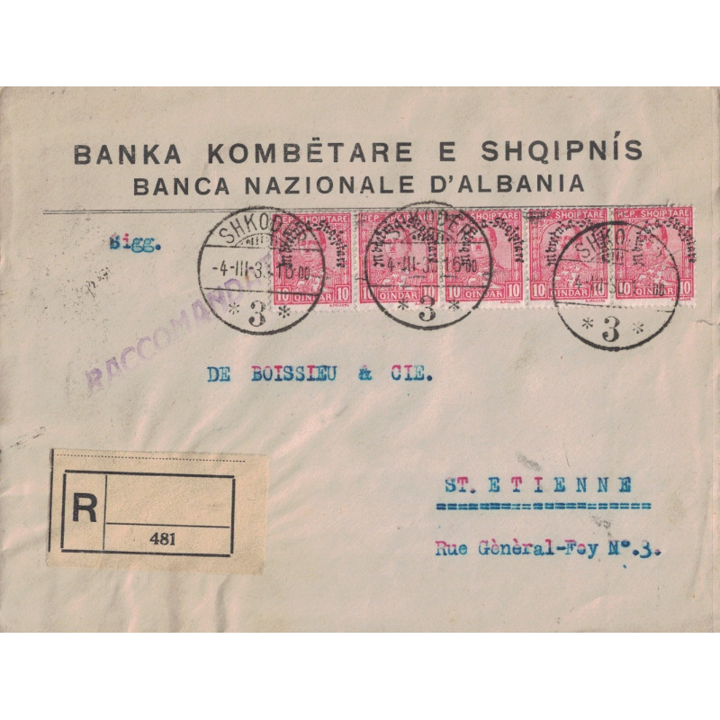 ALBANIE - SHKODER - LETTRE RECOMMANDEE POUR LA FRANCE BANDE DE 5 DU N°210 - LE 4-3-1931.