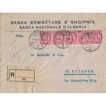 ALBANIE - SHKODER - LETTRE RECOMMANDEE POUR LA FRANCE BANDE DE 5 DU N°210 - LE 4-3-1931.