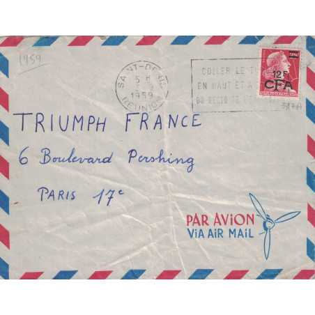 MULLER - REUNION - CFA - ENVELOPPE DE SAINT-DENIS - LE 3-9-1959 POUR PARIS.