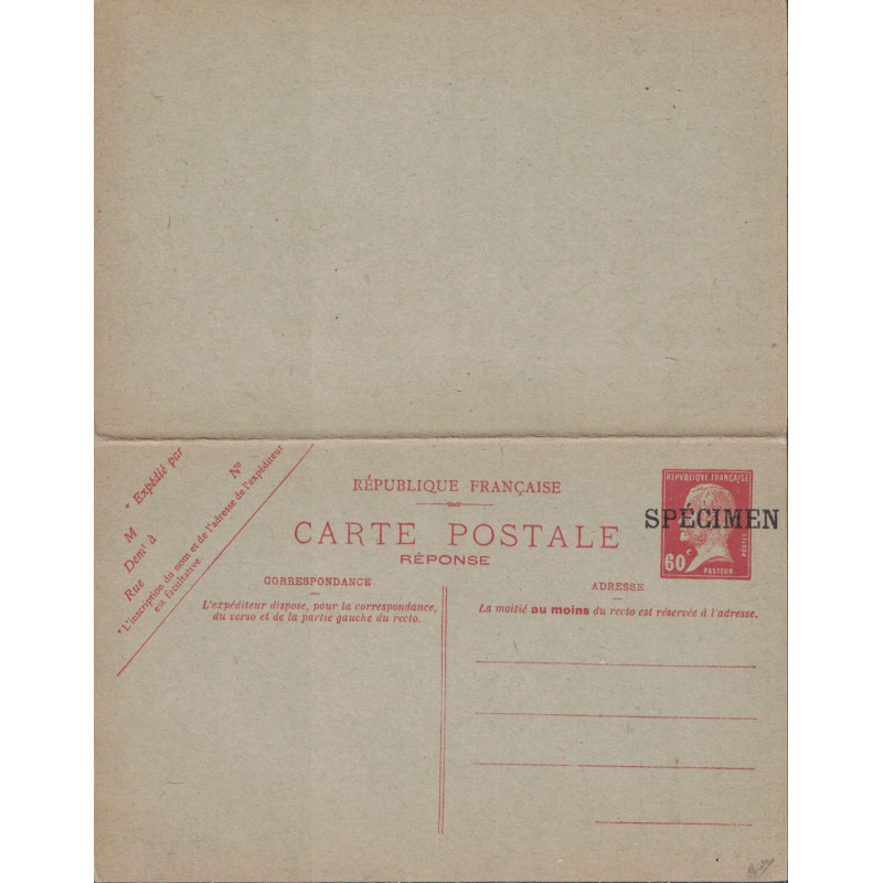 PASTEUR - 60c CARTE POSTALE AVEC REPONSE PAYEE NEUVE - SURCHARGE - SPECIMEN - COTE 170€ - PEU COURANT - SIGNATURE CALVES.