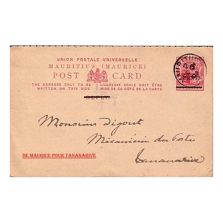 MAURICE-ENTIER POSTAL 6 CENTS POUR MADAGASCAR.