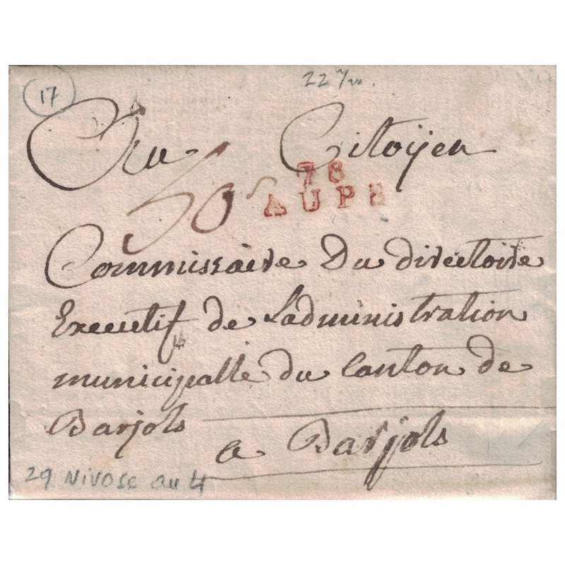 VAR - 78 AUPS - ROUGE - LETTRE AVEC LONG TEXTE DE AIGUINE POUR BARJOLS LE 29 NIVOSE AN 4.