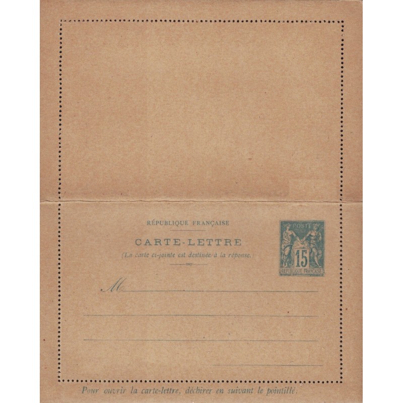 SAGE - CARTE LETTRE - REPONSE PAYE - 15c NEUVE - SANS NUMERO - COTE 35€.