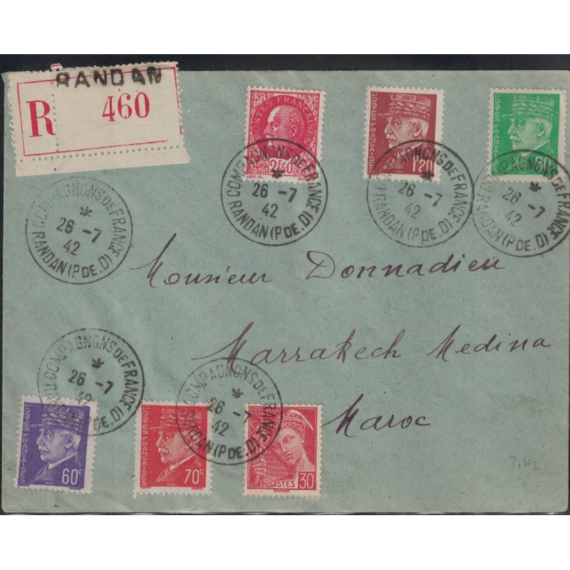 PUY DE DOME - LETTRE RECOMMANDEE DE RANDAM POUR MARRAKECH - CACHET COMPAGNONS DE FRANCE RANDAM - RARE.