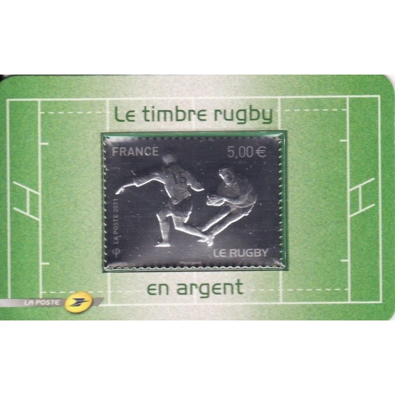 No597 - RUGBY - TIMBRE AUTOADHESIF EN ARGENT- AVEC SON SUPPORT.