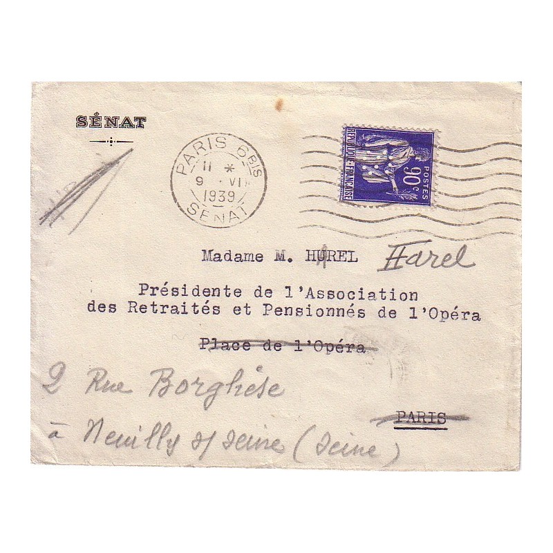 TYPE PAIX - 90c PERFORATION S - PARIS 6bis SENAT - ENVELOPPE SENAT LE 9-6-1939.