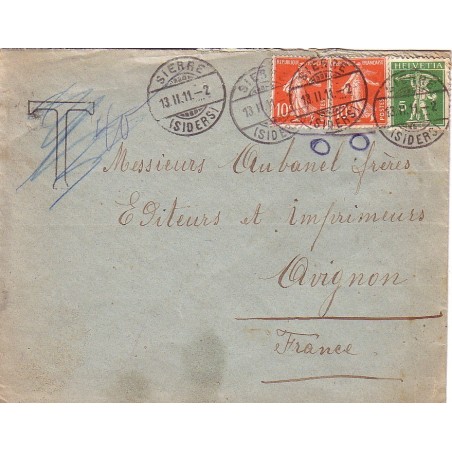 SEMEUSE - OBLITERATION SUISSE SIERRE EN MIXTE AVEC TIMBRE SUISSE - LE 13-11--1911 - RARE.