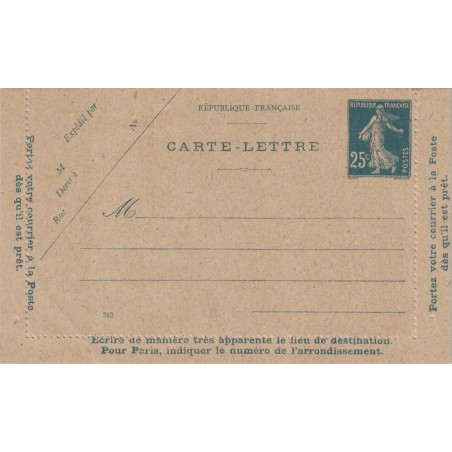 SEMEUSE - CARTE LETTRE NEUVE - 25c BLEU.