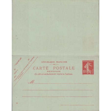 SEMEUSE - CARTE POSTALE - REPONSE - NEUVE - 10c - AVEC No537 SUR REPONSE - COTE 32€.